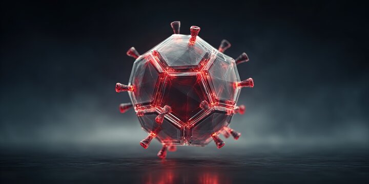 Detailed 3D model of a virus with sharp red spikes against a dark background during a scientific visualization