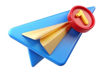 3d render of a blue paper airplane with a notification badge showing the number one