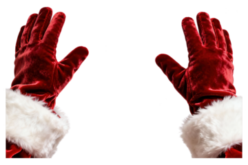 Close-up of hands wearing festive red velvet gloves with white furry trim, raised in joyful celebration, on a plain white background, holiday theme