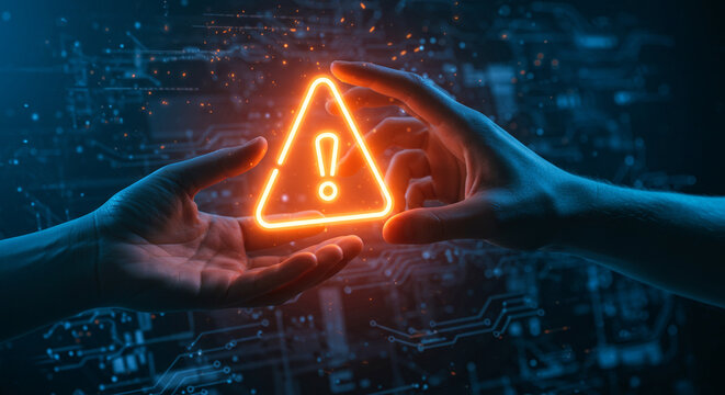 Two hands carefully hold a glowing orange warning triangle symbol, symbolizing digital risk and cybersecurity awareness in a futuristic tech environment.