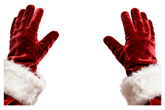 Close-up of hands wearing festive red velvet gloves with white furry trim, raised in joyful celebration, on a plain white background, holiday theme