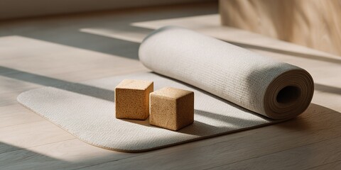 Yoga equipment set up for a calming practice session in a sunlit indoor space with wooden flooring