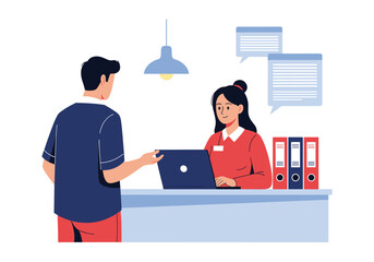 A person interacting with a receptionist at a desk with a laptop and folders.
