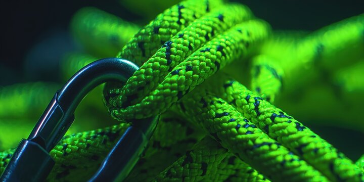 Bright green climbing rope and carabiner in close-up surrounded by shadows in a climbing gear setting - Powered by Adobe