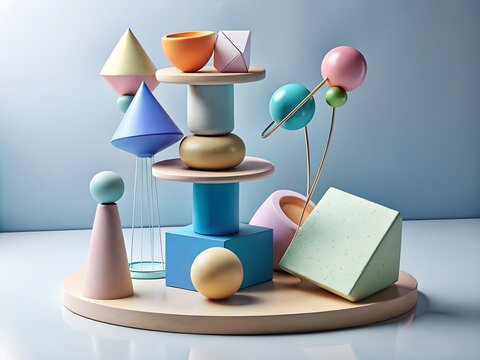 A whimsical arrangement of pastel geometric shapes and spheres creating a playful abstract sculpture on a wooden base - Powered by Adobe