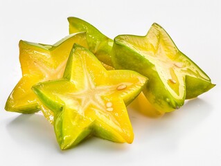 Fototapeta premium Freshly sliced star fruit displays vibrant colors and unique shape perfect for fruit salads or garnishes