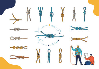 Illustration of various knots and their tying methods, alongside figures demonstrating rope techniques.