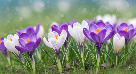 Blooming purple and white crocus flowers in a spring garden setting