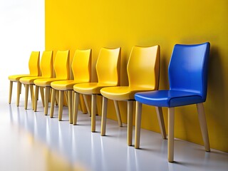 One blue chair stands out from a row of identical yellow chairs against a vibrant yellow wall