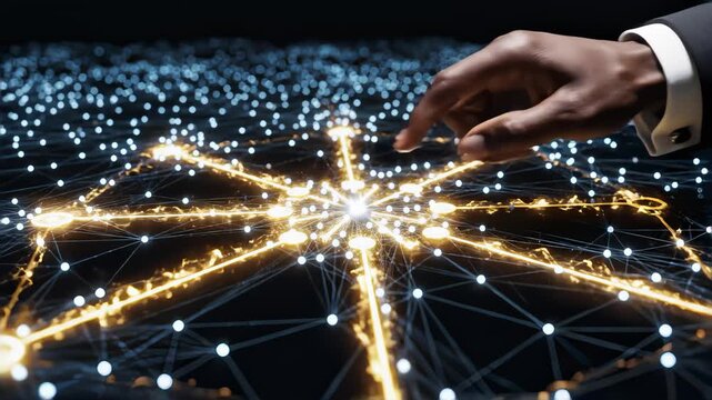 Hand Activating a Glowing Data Network for Global Connections