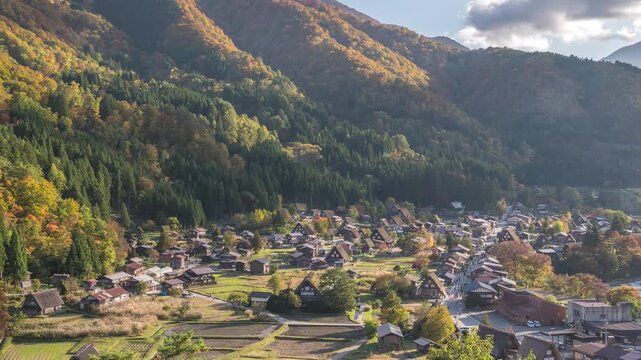 Shirakawago village Gifu Japan time lapse Historical Japanese traditional Gassho house at Shirakawa village autumn foliage