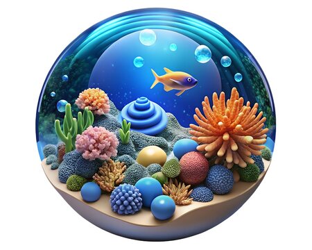 Vibrant underwater coral reef scene with colorful fish and marine life enclosed in a clear glass sphere