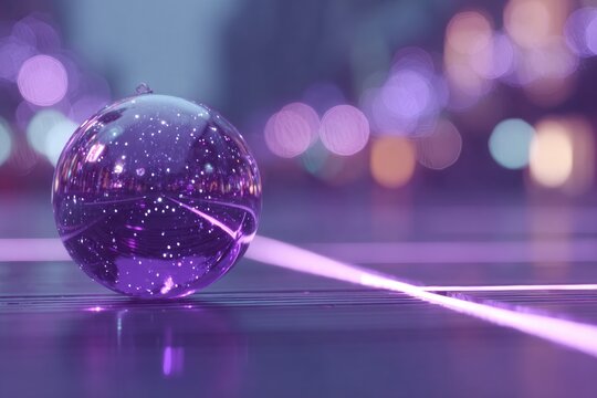 Glowing sphere reflects cosmic patterns on illuminated surface, vibrant colors