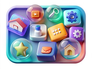 Collection of colorful 3d app icons and user interface elements arranged on a tray