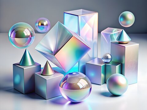 Abstract geometric shapes with iridescent and holographic reflections in a studio setting