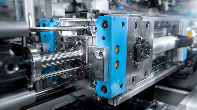 A Detailed View of a High-Precision Injection Molding Machine in an Industrial Setting, Designed for the Production of Complex Plastic Parts.