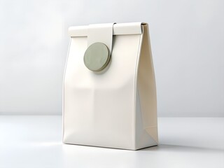 Minimalist light beige paper bag with a circular closure and subtle branding on a clean white surface