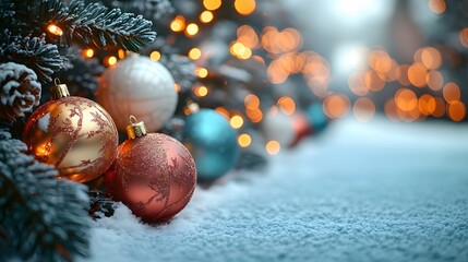 Christmas balls are lying in the snow next to the Christmas tree