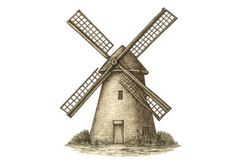 Vintage sepia etched windmill drawing depicting old rural agriculture and traditional energy production