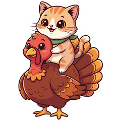 Adorable Cartoon Cat Riding Happy Turkey Illustration for Thanksgiving and Autumn