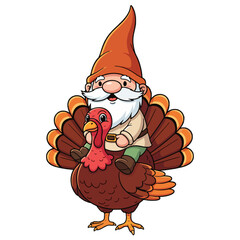 Whimsical cartoon gnome riding a turkey, festive autumn illustration for harvest and holiday designs