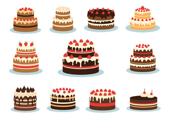 Collection of twelve different illustrated cakes with frosting and fruit toppings.