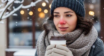Woman With Red Nose Because of Cold Drinking Coffee Outside on Snowy Day in Winter Season