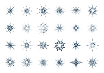 Collection of abstract blue starburst snowflakes on a white background.