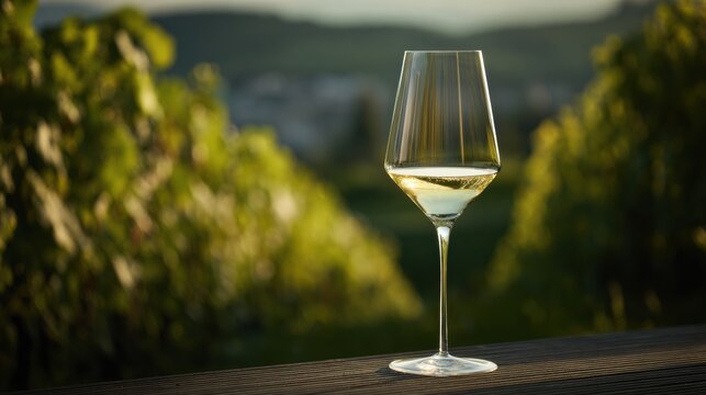 Elegant Wine Glass Illuminated by Golden Light in a Serene Vineyard Setting During Sunset