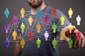 Concept of social network and global connections visualized. Man interacting with people icons in a network str