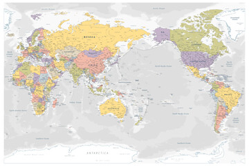 Vector world map centered on the Pacific Ocean. Soft pastel political map with countries in gentle colors, borders, and names clearly labeled. Ideal for print and educational use.