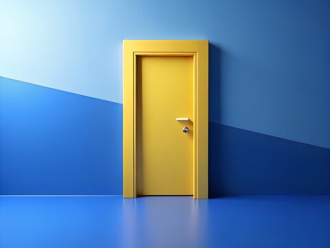 A bright yellow door stands out against a striking blue wall with a diagonal divide