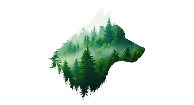 Forest and wolf silhouette blending in a serene nature scene showcasing harmony between wildlife and environment