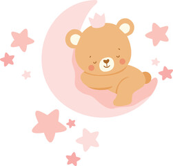 Sweet Little Bear Princess Sleeping on a Crescent Moon