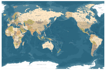 Vector world map centered on the Pacific Ocean. Detailed physical and political map with shaded relief, country borders, and names. Natural earth tones with blue ocean background.