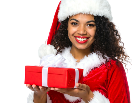 An excited Black woman in a Santa hat and red suit, holding out a wrapped gift with a white bow. She smiles warmly at the viewer