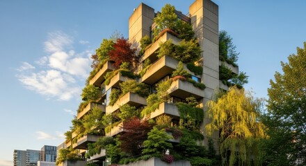 Fototapeta premium Modern building covered with greenery in an urban setting during sunset