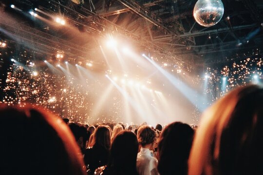 Bright stage lights create an electrifying atmosphere over an eager crowd