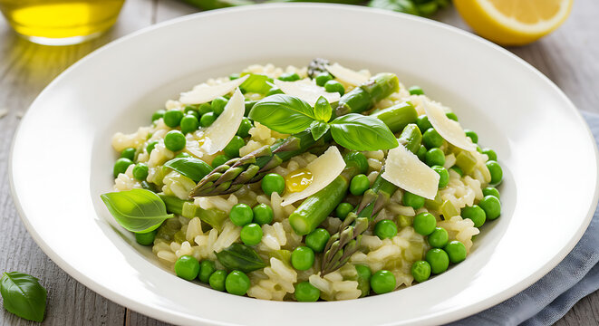 Delicious risotto primavera with fresh green peas and asparagus on plate