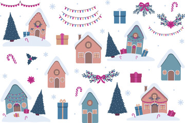 Winter holiday houses clipart set with snowy Christmas elements. Cozy winter cottages clipart collection with festive decorations. 