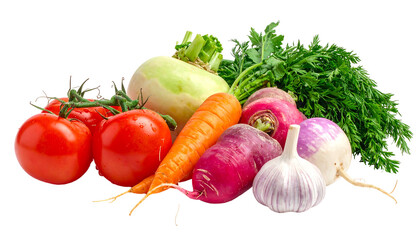 Assortment of fresh produce, including tomatoes, carrots, turnips, garlic, and leafy greens, with vibrant colors against a transparent backdrop