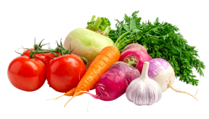 Assortment of fresh produce, including tomatoes, carrots, turnips, garlic, and leafy greens, with vibrant colors against a transparent backdrop