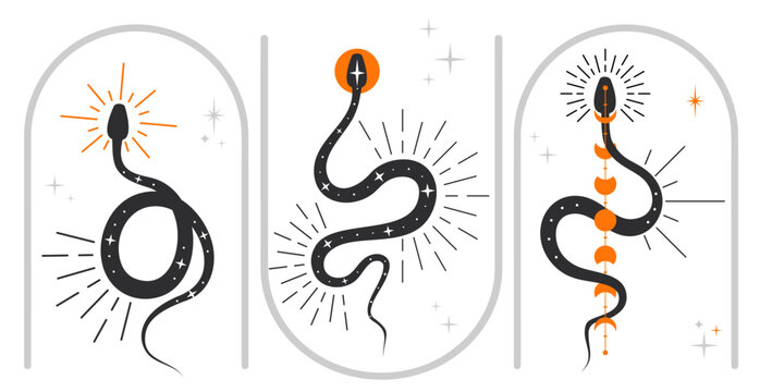 Boho celestial mystical snakes with moon, stars and sun. Set of spiritual occultism symbol, esoteric kundalini object. Magic design for tattoo, print. Cosmic scene with serpent, mystical witchy symbol