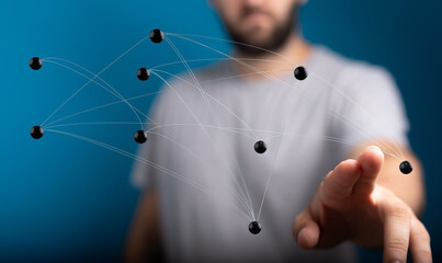 Man touching a digital interface. Futuristic connections, communication and global network concept.  Symbol for
