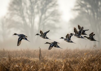 A flock of ducks in flight over a marshy field with trees in the background on a foggy day