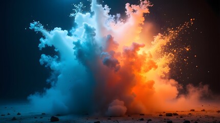 A mesmerizing explosion of blue and orange smoke effects creating a dramatic visual spectacle.