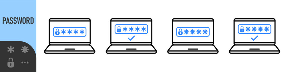 Two steps authentication icon. Verification or sms with code message confirmation for account login. Multi-factor authentication verification code. Laptop password verification or sms with push code 