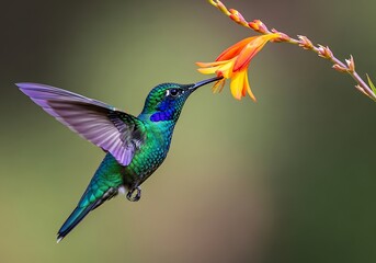 Vibrant hummingbird with iridescent green and purple plumage hovers to drink nectar from a delicate orange and yellow flower