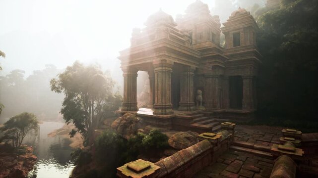 A foggy day at an ancient Cambodian temple nestled in the jungle, with a serene lake in the foreground.