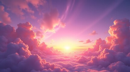 A breathtaking sunset view from above soft, fluffy clouds, painted in hues of pink and purple.
